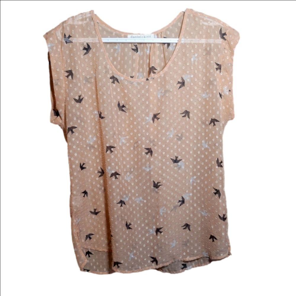 Daniel Rainn medium sheer dusty pink textured polka-dot bird boxy blouse